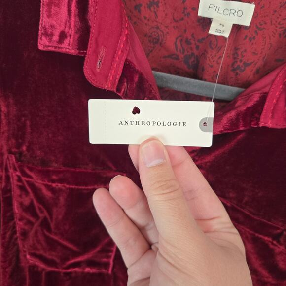Anthropologie Pilcro Hadley Crushed Red Velvet Button Shirt XS Top Soft Warm NWT - Picture 7 of 14